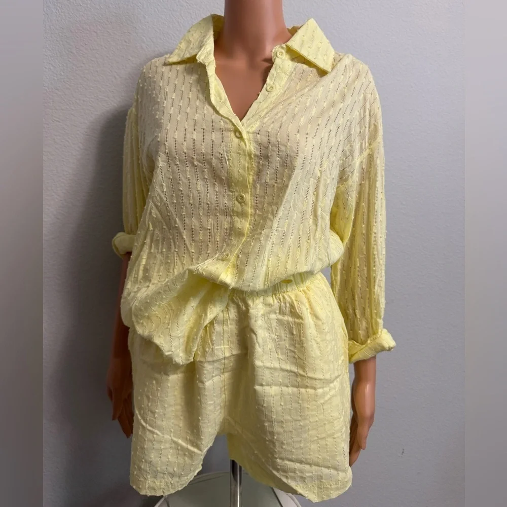 Yellow Sheer Textured Button-Up Shirt and Shorts Swim Cover Set